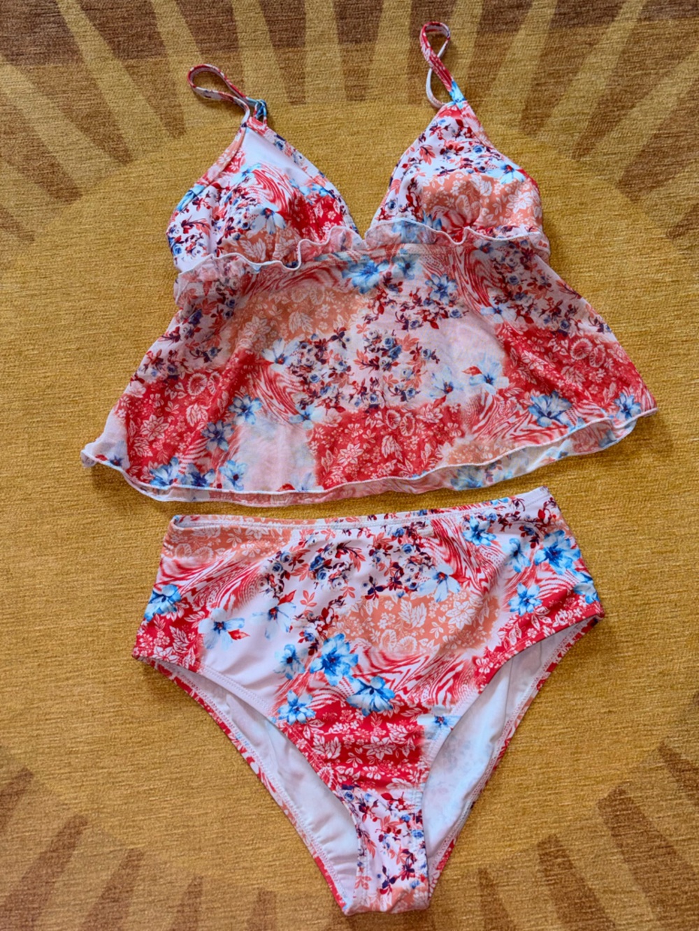 Floral Red & Blue Two-Piece Tankini Bikini Set - Women's Swim